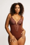 Popilush Shapewear Lace Deep V-neck Sculpting Thong Bodysuit In Deep Coffee