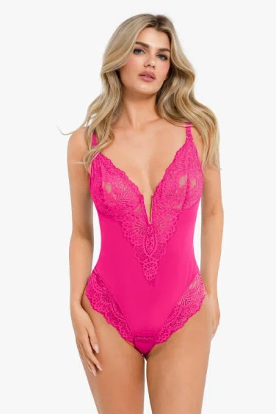 Popilush Shapewear Lace Deep V-neck Sculpting Thong Bodysuit In Hot Pink