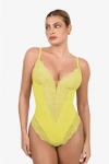 Popilush Shapewear Lace Deep V-neck Sculpting Thong Bodysuit In Lemon