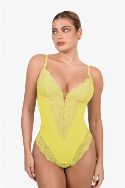 Popilush Shapewear Lace Deep V-neck Sculpting Thong Bodysuit In Lemon