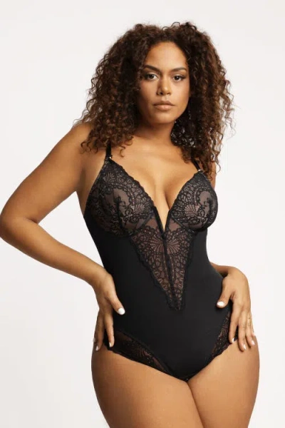 Popilush Shapewear Lace Deep V-neck Sculpting Thong Bodysuit In Midnight Black