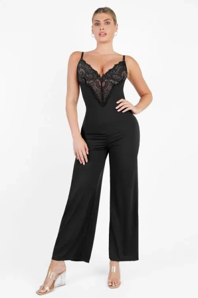 Popilush Shapewear Lace Deep V-neck Sculpting Wide Leg Jumpsuit In Midnight Black