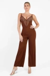 Popilush Shapewear Lace Deep V-neck Sculpting Wide Leg Jumpsuit In Russett