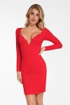 Popilush Shapewear Lace Trim V-neck Long Sleeve Bodycon Mini Dress In True Red