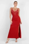 Popilush Shapewear Lace V Neck Side Slit Slimming Maxi Slip Dress In Brick