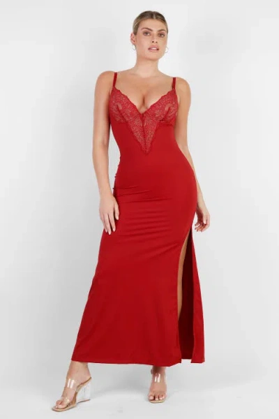Popilush Shapewear Lace V Neck Side Slit Slimming Maxi Slip Dress In Brick