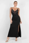 Popilush Shapewear Lace V Neck Side Slit Slimming Maxi Slip Dress In Midnight Black