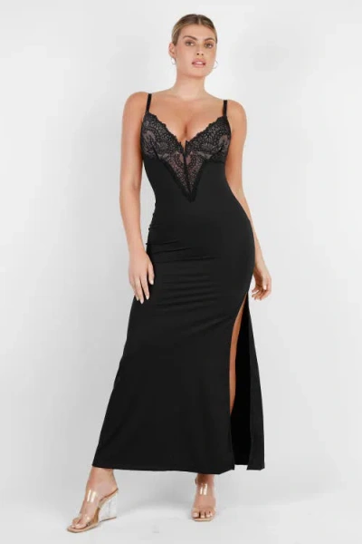 Popilush Shapewear Lace V Neck Side Slit Slimming Maxi Slip Dress In Midnight Black