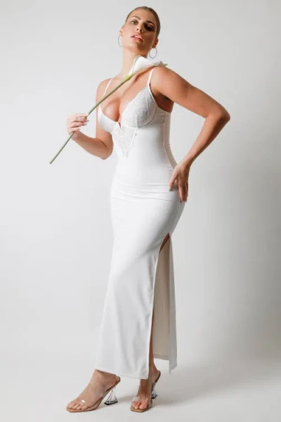 Popilush Shapewear Lace V Neck Side Slit Slimming Maxi Slip Dress In White