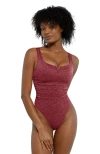 Popilush Shapewear Ruched Metallic Knit Square Neck Slimming Bodysuit In Red