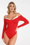 Popilush Shapewear Long Sleeve Cold Shoulder Tummy Control Bodysuit In Rust Red