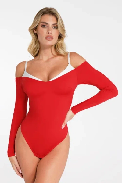 Popilush Shapewear Long Sleeve Cold Shoulder Tummy Control Bodysuit In Rust Red