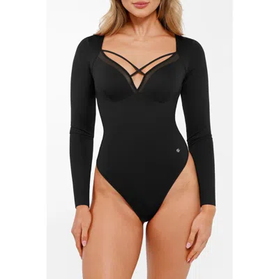 Popilush Shapewear Long Sleeve Mesh Inset Tummy Control Bodysuit In Black