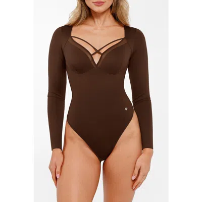 Popilush Shapewear Long Sleeve Mesh Inset Tummy Control Bodysuit In Chocolate