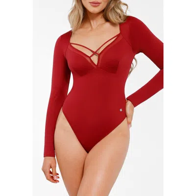 Popilush Shapewear Long Sleeve Mesh Inset Tummy Control Bodysuit In Red