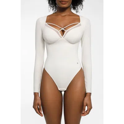 Popilush Shapewear Long Sleeve Mesh Inset Tummy Control Bodysuit In White