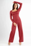 Popilush Shapewear Long Sleeve Square Neck Slimming Wide Leg Jumpsuit In Brick Red