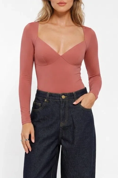 Popilush Shapewear Long Sleeve Tummy Control V Neck Bodysuit In Blush