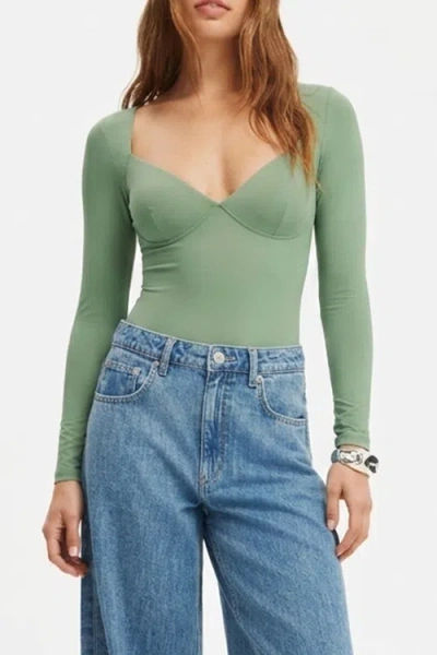 Popilush Shapewear Long Sleeve Tummy Control V Neck Bodysuit In Forest