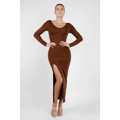 Popilush Shapewear Long Sleeve V-neck Low Back Slimming Maxi Dress In Deep Coffee