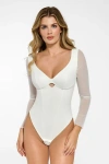 Popilush Shapewear Mesh Sleeve Cutout Sweetheart Sculpting Bodysuit In Chalk
