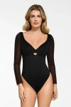 Popilush Shapewear Mesh Sleeve Cutout Sweetheart Sculpting Bodysuit In Jet Black