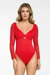 Popilush Shapewear Mesh Sleeve Cutout Sweetheart Sculpting Bodysuit In Watermelon