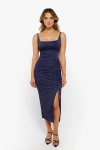 Popilush Shapewear Metallic Knit Bodycon Sculpting Midi Slip Dress In Blue Ribbon