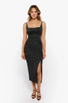 Popilush Shapewear Metallic Knit Bodycon Sculpting Midi Slip Dress In Sparkly Black