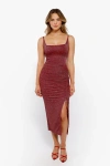 Popilush Shapewear Metallic Knit Bodycon Sculpting Midi Slip Dress In Wine