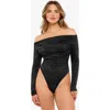 Popilush Shapewear Metallic Knit Long Sleeve Slimming Bodysuit In Jet Black