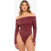 Popilush Shapewear Metallic Knit Long Sleeve Slimming Bodysuit In Ruby