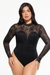 Popilush Shapewear Mock Neck Long Sleeve Floral Lace Bodysuit In Black