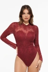 Popilush Shapewear Mock Neck Long Sleeve Floral Lace Bodysuit In Burgundy