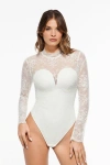 Popilush Shapewear Mock Neck Long Sleeve Floral Lace Bodysuit In White