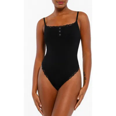 Popilush Shapewear Modal Sculpting Henley Bodysuit In Jet