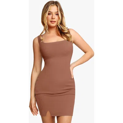 Popilush Shapewear Modal Sculpting Mini Tank Dress In Honey Brown