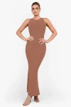 Popilush Shapewear Modal Sleeveless Crew Neck Slimming Maxi Dress In Camel