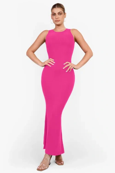 Popilush Shapewear Modal Sleeveless Crew Neck Slimming Maxi Dress In Hot Pink