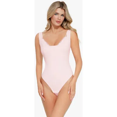 Popilush Shapewear Modal Tummy Control Inner Lace Cami Bodysuit In Thulian Pink