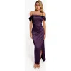 Popilush Shapewear Off Shoulder Shine Ruched Sculpting Maxi Dress In Fig