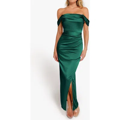 Popilush Shapewear Off Shoulder Shine Ruched Sculpting Maxi Dress In Green