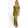 Popilush Shapewear Off Shoulder Shine Ruched Sculpting Maxi Dress In Olive