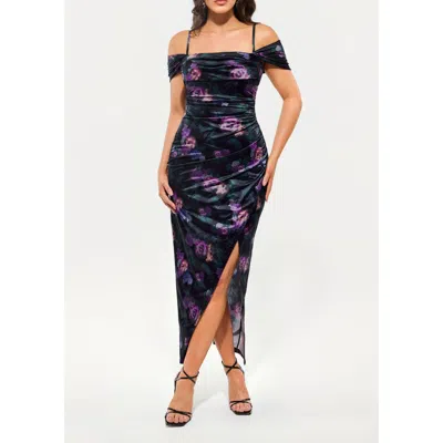 Popilush Shapewear Off Shoulder Shine Ruched Sculpting Resort Flora Maxi Dress In Blue