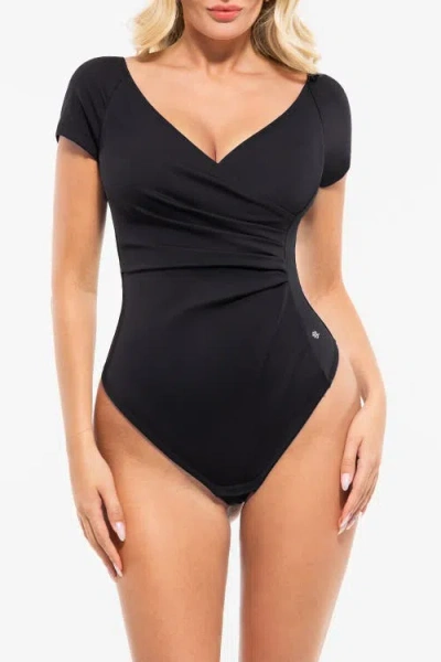 Popilush Shapewear Portrait Neckline Draped Sculpting Bodysuit In Black