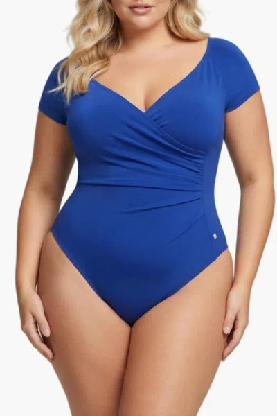 Popilush Shapewear Portrait Neckline Draped Sculpting Bodysuit In Blue
