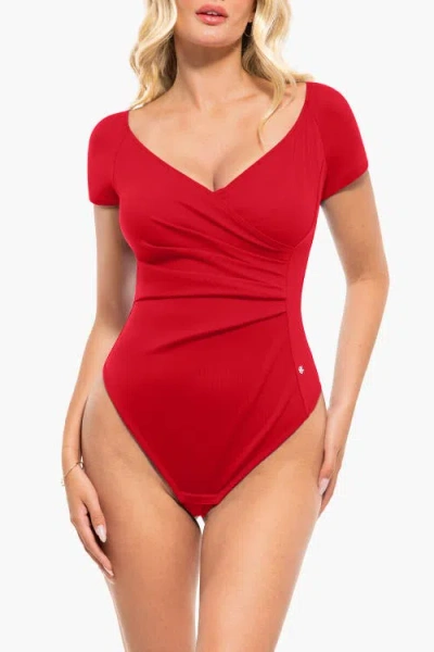 Popilush Shapewear Portrait Neckline Draped Sculpting Bodysuit In Red