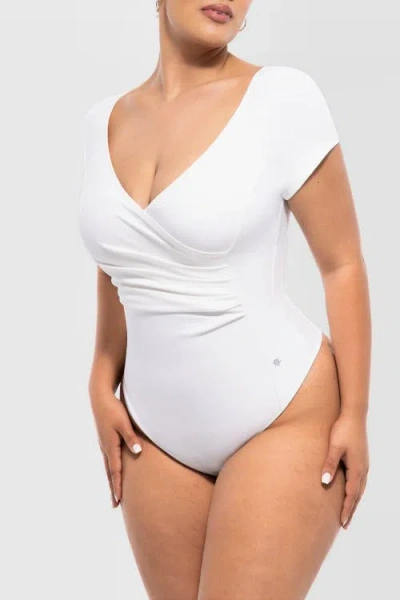 Popilush Shapewear Portrait Neckline Draped Sculpting Bodysuit In White