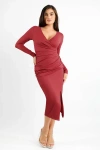 Popilush Shapewear Ruched Long Sleeve Faux Wrap Slimming Midi Dress In Cherry Red