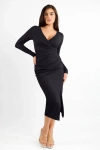 Popilush Shapewear Ruched Long Sleeve Faux Wrap Slimming Midi Dress In Midnight Black